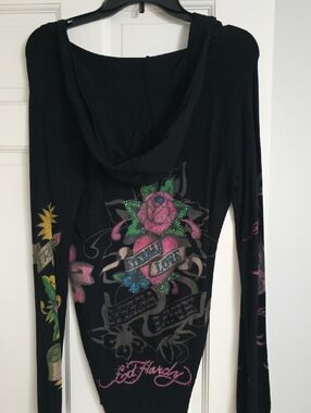 Ed Hardy Black Hooded Long Sleeve Top with Pink & Green Rose Graphic